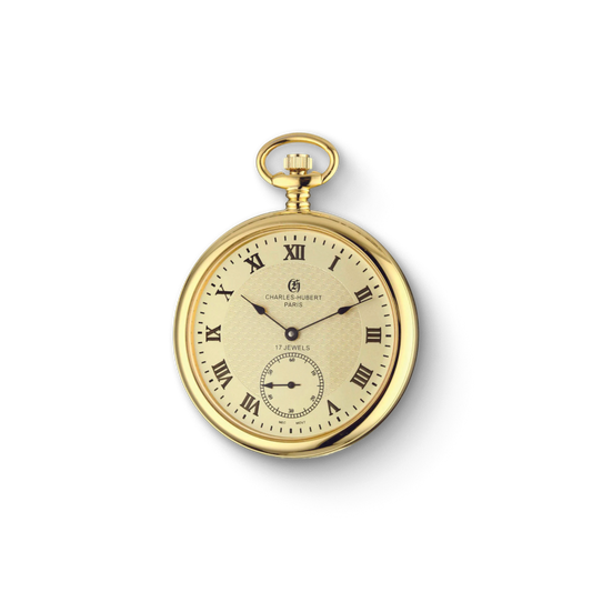 Charles Hubert Gold-Plated Stainless Steel Open Face Mechanical Pocket Watch 3912-G