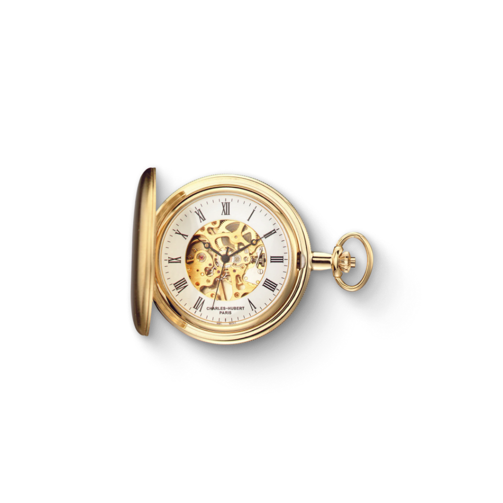 Charles Hubert Gold Plated Brushed Finish Full Hunter Mechanical Pocket Watch 3789-G