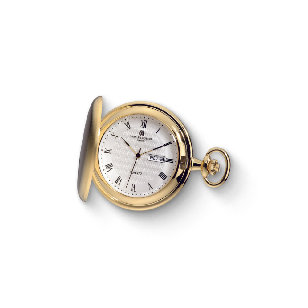 Charles Hubert Gold Plated Brushed Finish Full Hunter Quartz Pocket Watch 3974-G