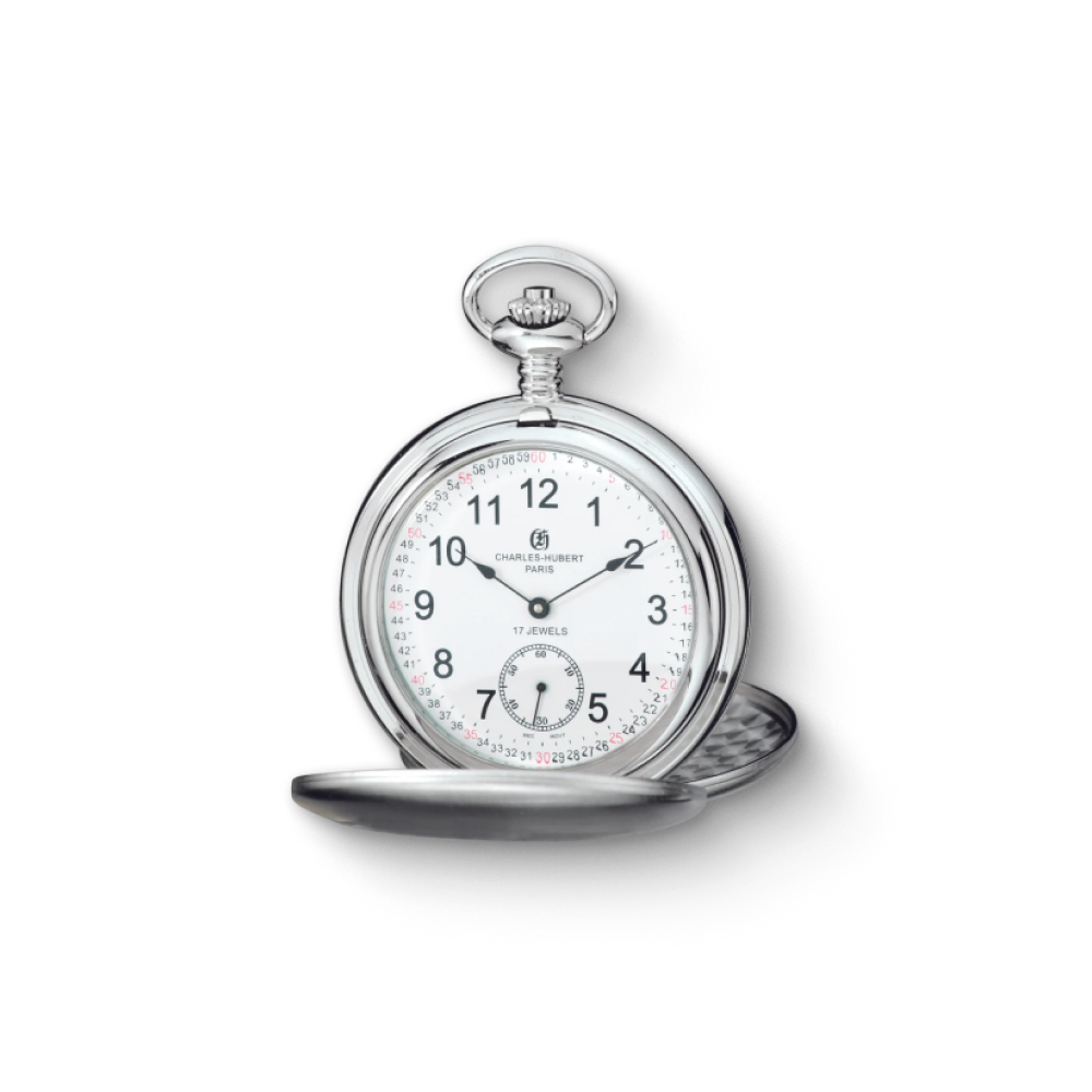Charles Hubert Stainless Steel Brushed Finish Double Full Hunter Mechanical Pocket Watch 3908-WRR
