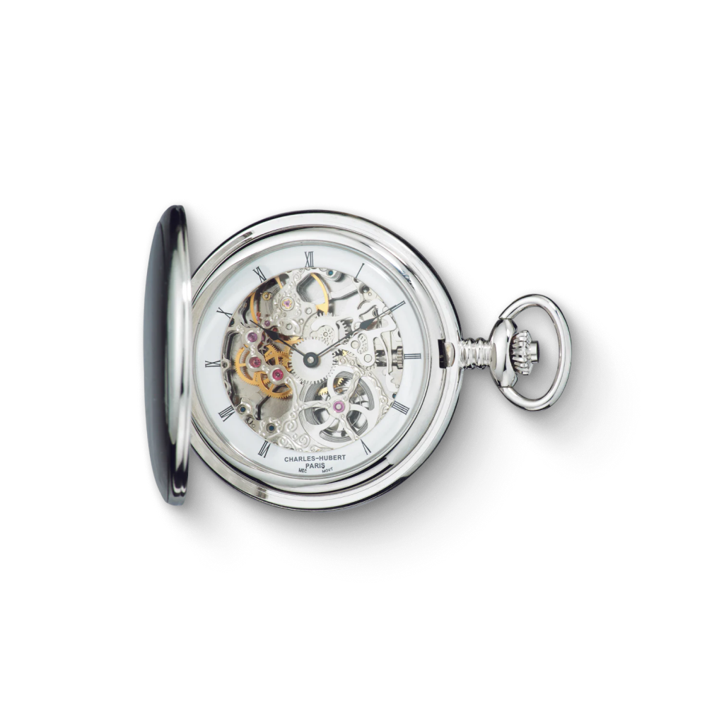 Charles Hubert Stainless Steel Brushed Finish Full Hunter Mechanical Pocket Watch 3906-W