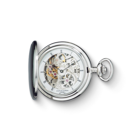 Charles Hubert Stainless Steel Brushed Finish Full Hunter Mechanical Pocket Watch 3906-W