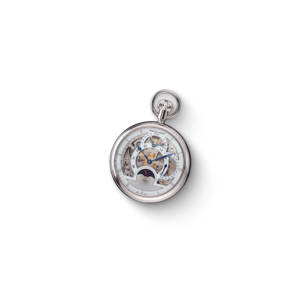 Charles Hubert Stainless Steel Open Face Dual Time Mechanical Pocket Watch 3816-W