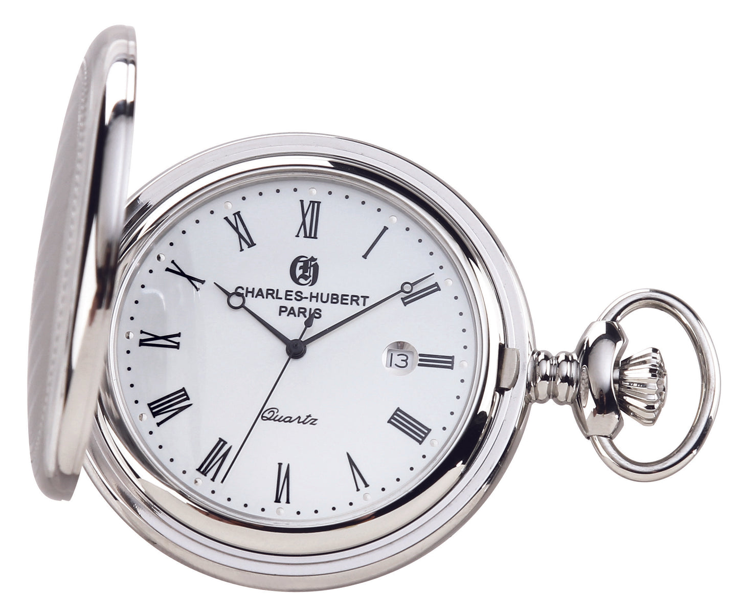 Silver Charles-Hubert Paris full hunter quartz pocket watch with Roman numerals, date display at 3 o'clock, and polished stainless steel finish.