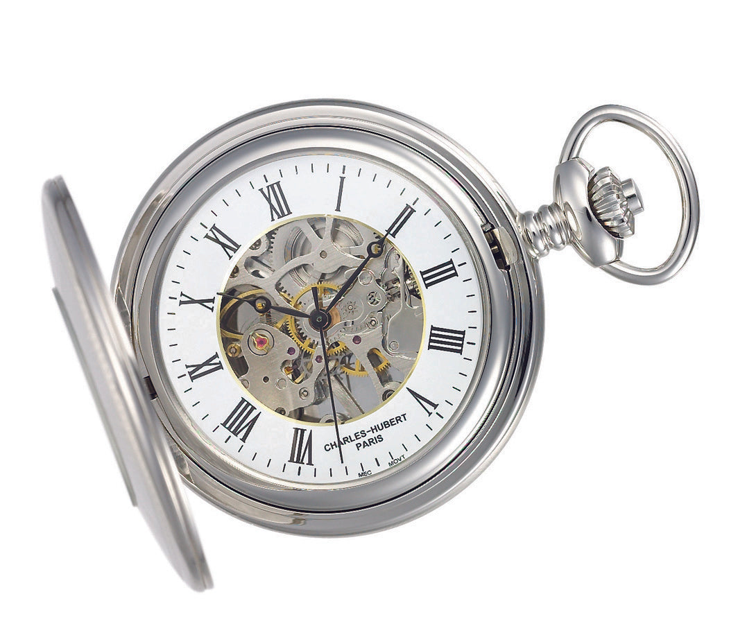 Silver Charles-Hubert Paris full hunter mechanical pocket watch with Roman numerals and skeleton dial displaying internal gears.