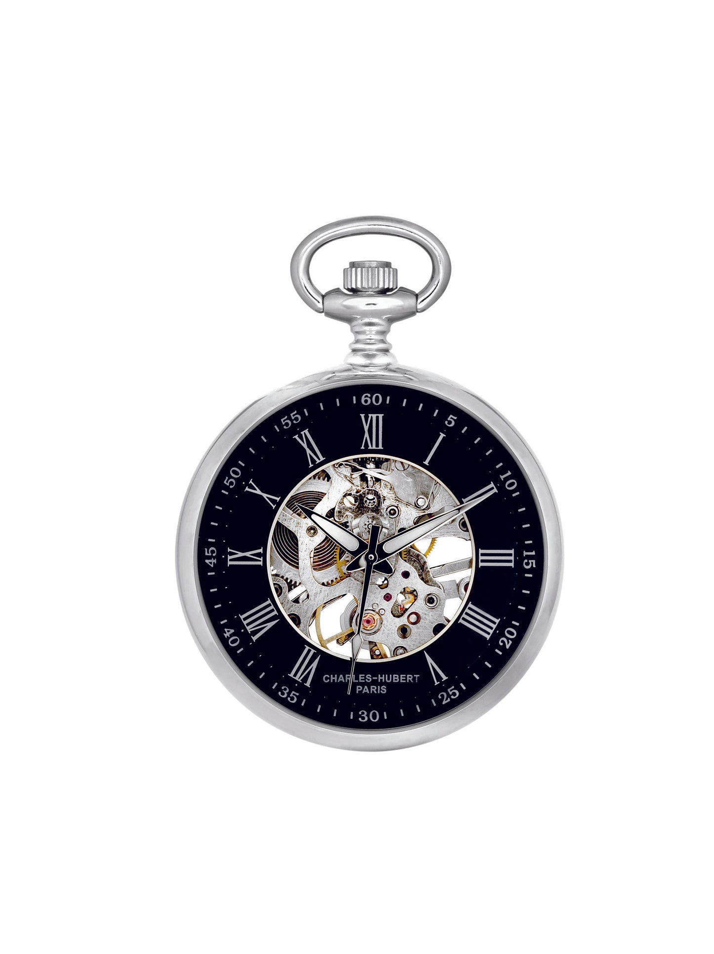 Silver Charles-Hubert Paris open-face mechanical pocket watch with black dial, Roman numerals, and visible internal gears.
