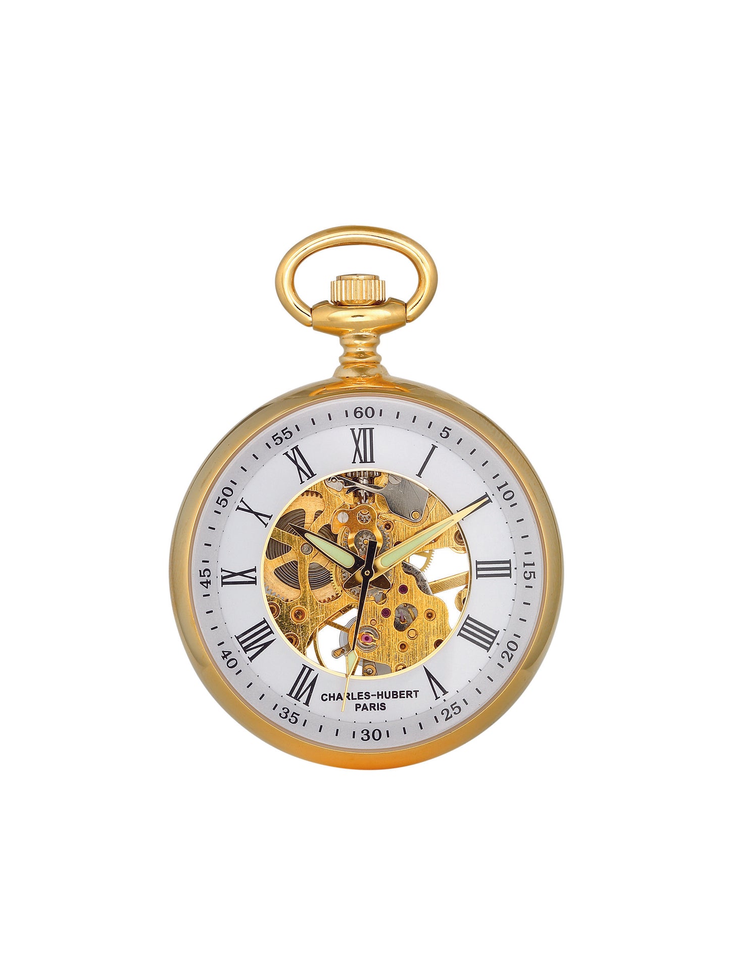 Gold-plated Charles-Hubert Paris open-face mechanical pocket watch with Roman numerals and skeleton dial showing intricate inner gears.