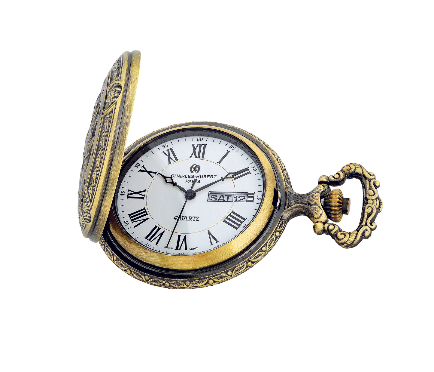 Antique gold Charles-Hubert Paris full hunter quartz pocket watch with Roman numerals, day-date display, and ornate floral design.