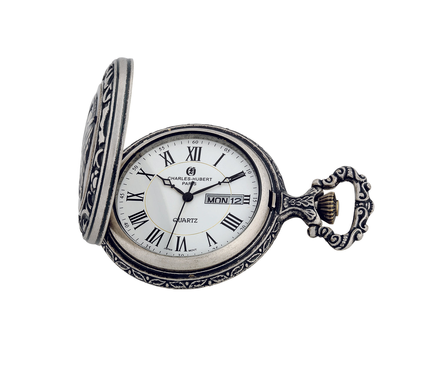 Antique silver Charles-Hubert Paris full hunter quartz pocket watch with Roman numerals, day-date display, and ornate floral design.