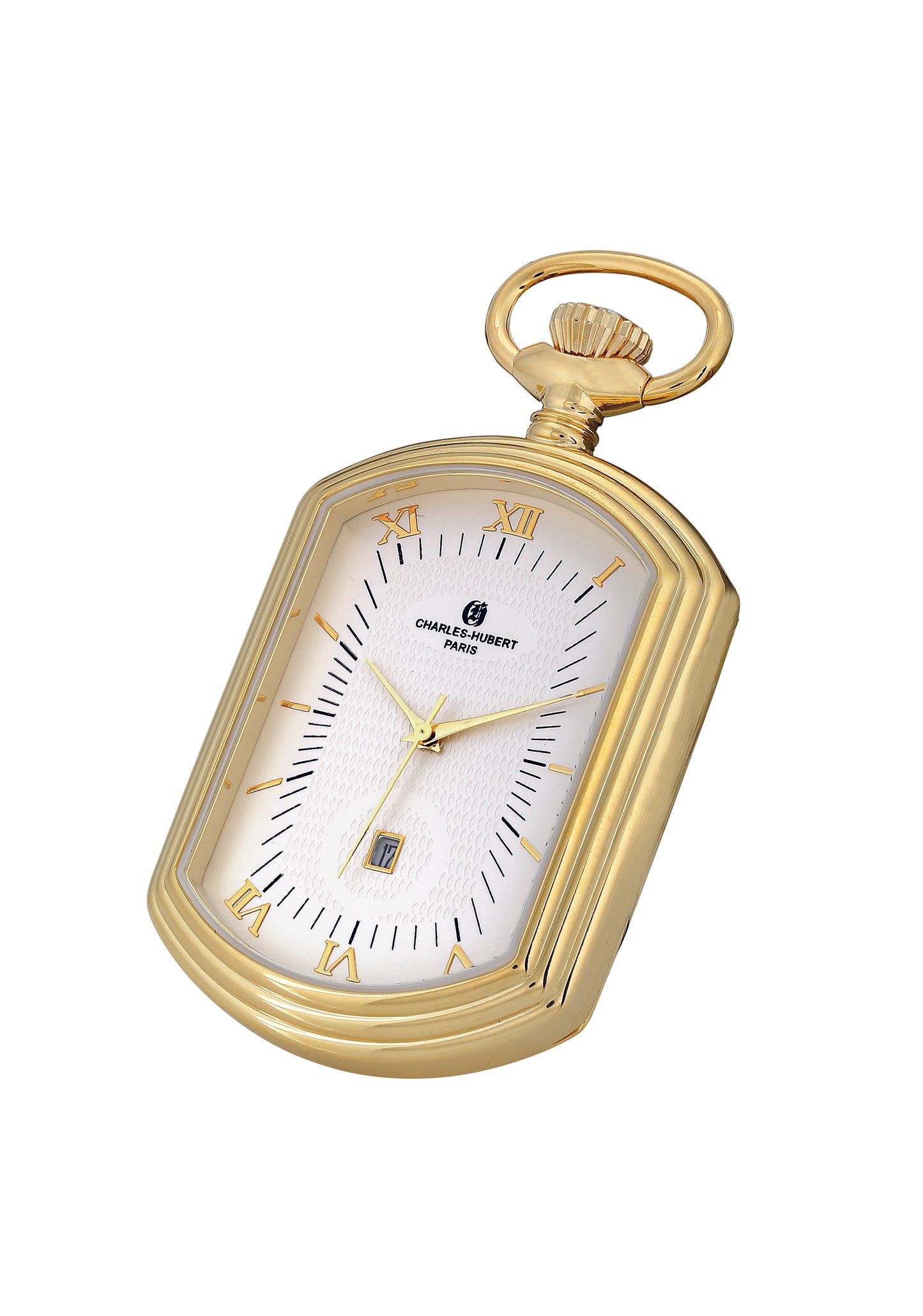 Gold-plated Charles-Hubert Paris open-face quartz pocket watch with Roman numerals, yellow hands, and rectangular case design.