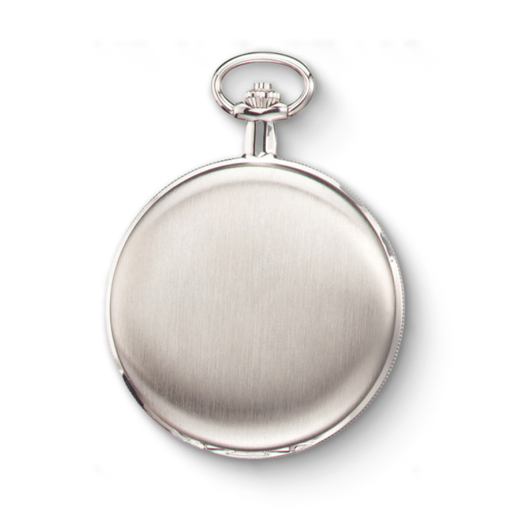 Silver-plated Charles-Hubert Paris pocket watch back view with brushed finish and signature top crown design.