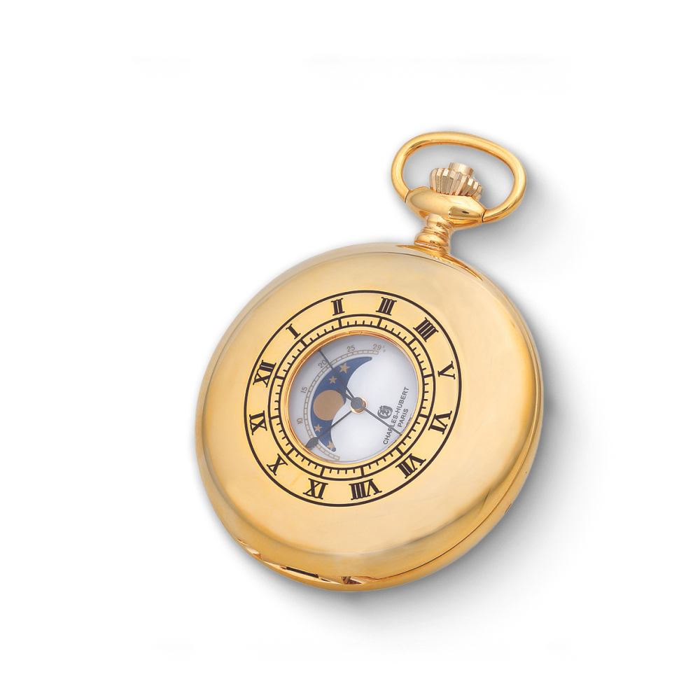 Gold Charles-Hubert Paris pocket watch with moon phase complication, blue Roman numerals, and polished case design.