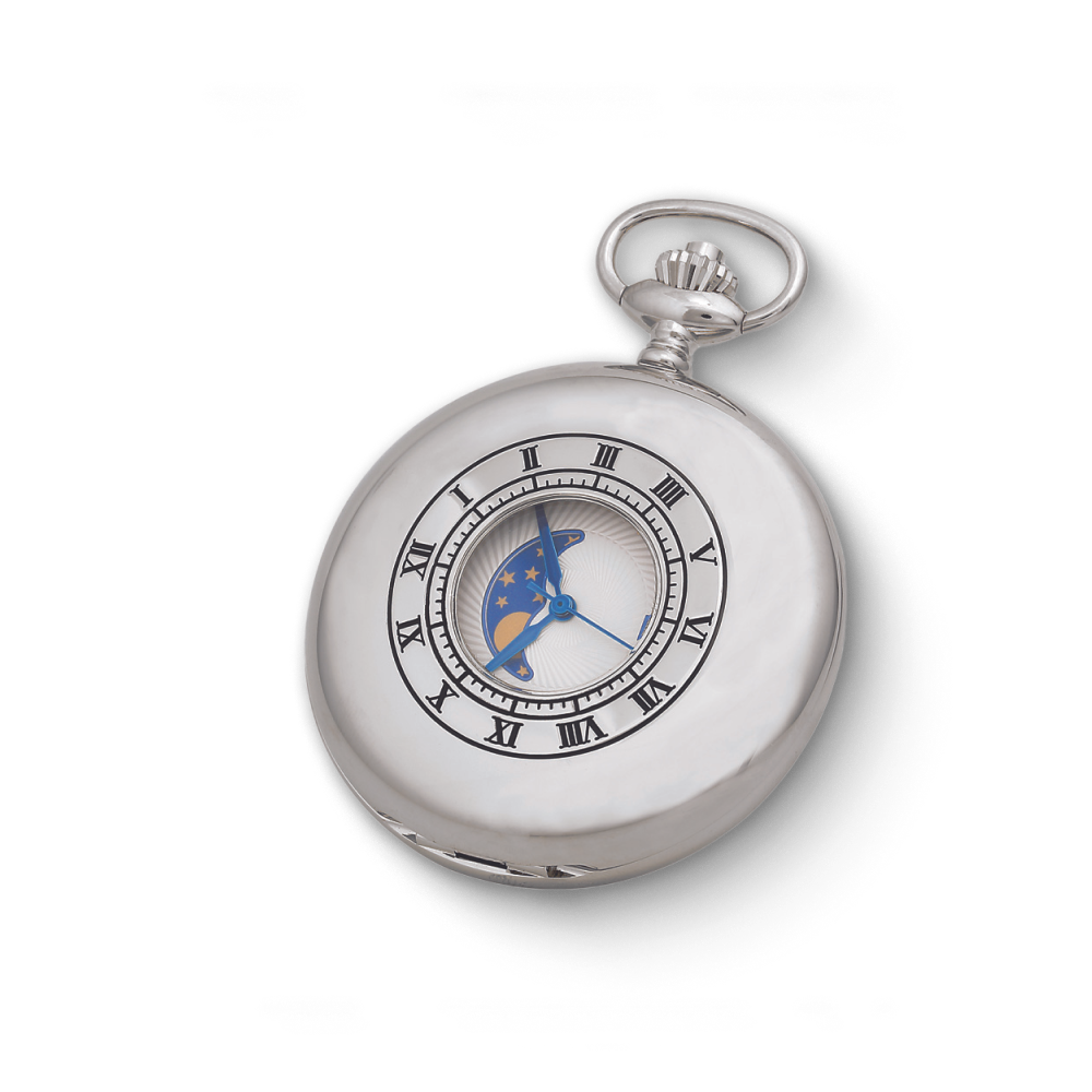 Silver Charles-Hubert Paris pocket watch with moon phase complication, blue Roman numerals, and polished case design.