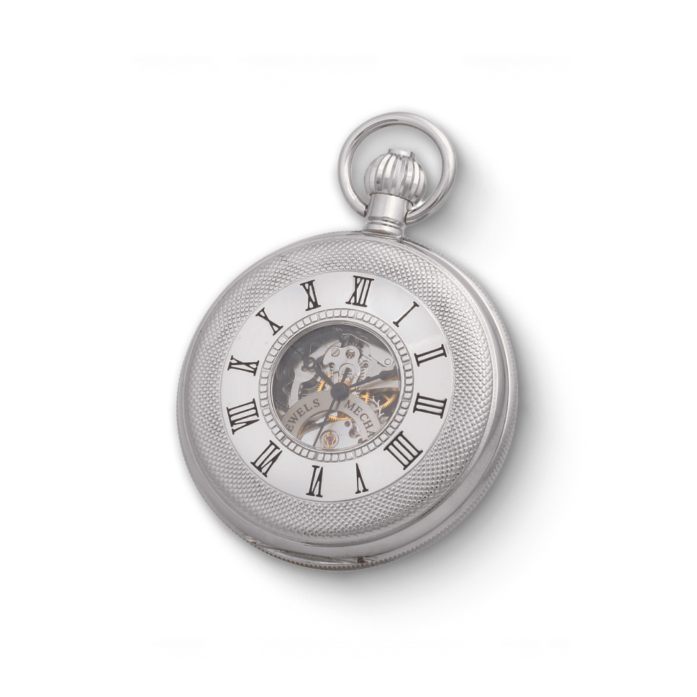 Silver Charles-Hubert Paris mechanical pocket watch with Roman numerals, skeleton dial, and textured finish on the outer case.