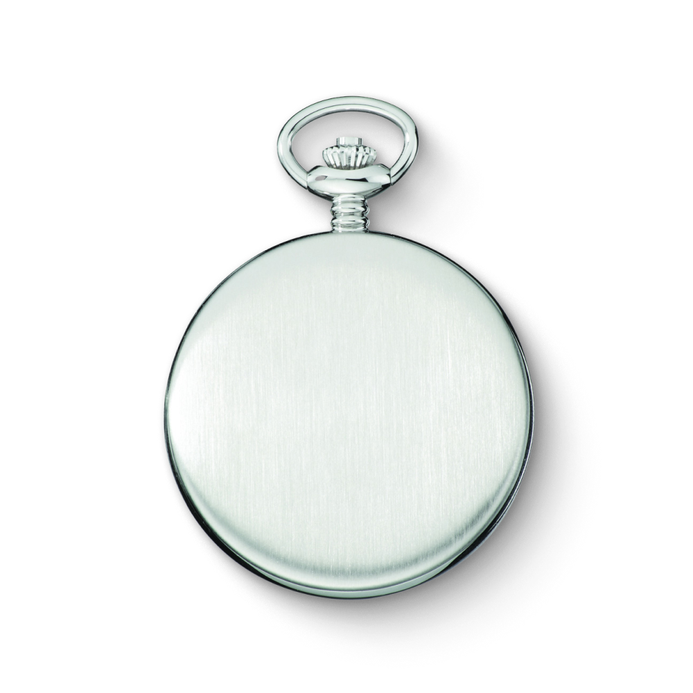 Silver Charles-Hubert Paris pocket watch back view with smooth, brushed stainless steel finish.
