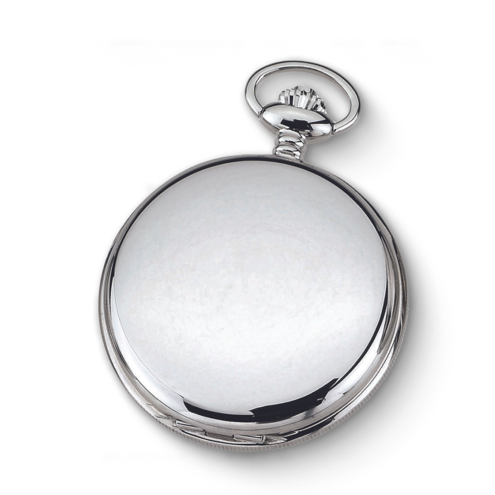 Close-up of a polished silver-plated mechanical pocket watch with a smooth, reflective surface and traditional winding crown.