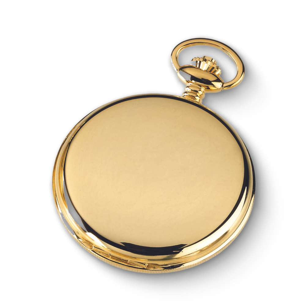 Close-up of a polished gold-plated mechanical pocket watch with a smooth, reflective surface and traditional winding crown.