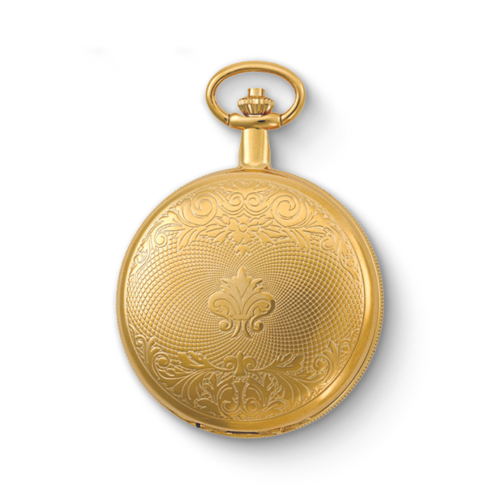 Close-up of a gold-plated mechanical pocket watch with detailed engraved floral pattern and central fleur-de-lis design, showcasing elegant craftsmanship and polished finish.