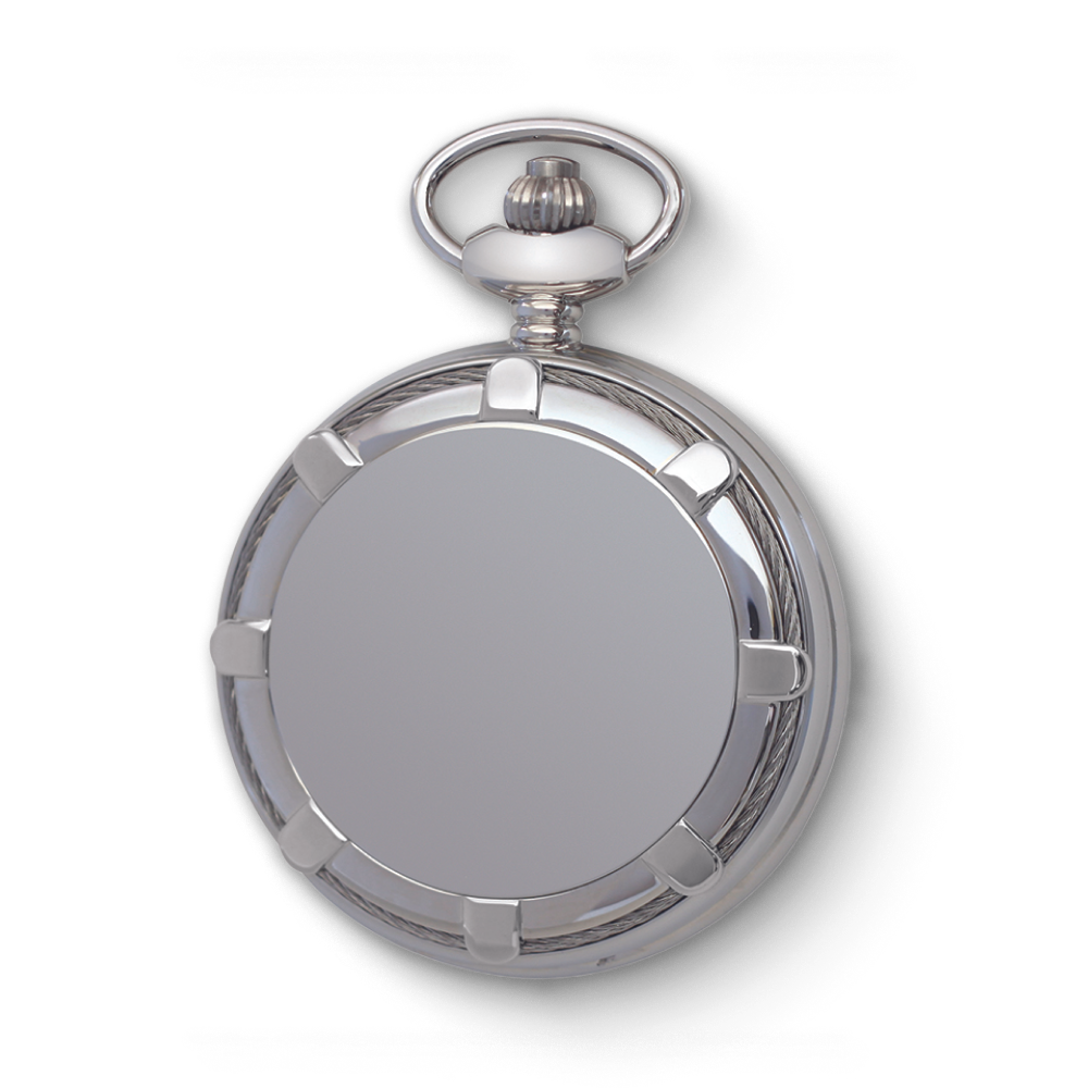 Close-up of a polished silver mechanical pocket watch with a smooth, reflective back and a traditional winding crown.