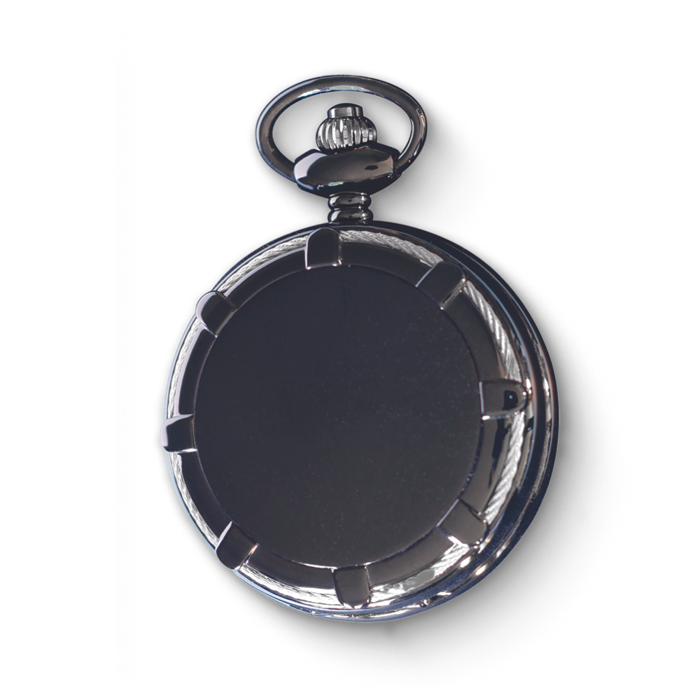 Close-up of a polished silver mechanical pocket watch with a sleek, smooth back and a traditional winding crown.