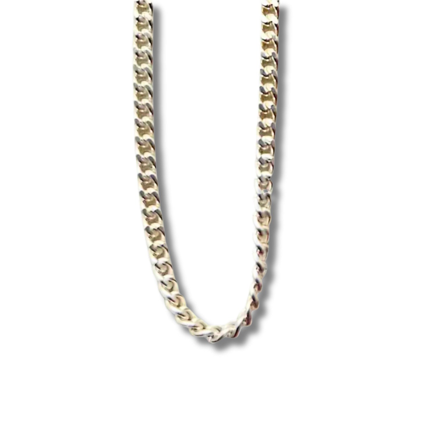 Close-up of a white gold-plated chain necklace with sleek interlocking links, showcasing its polished and elegant design.
