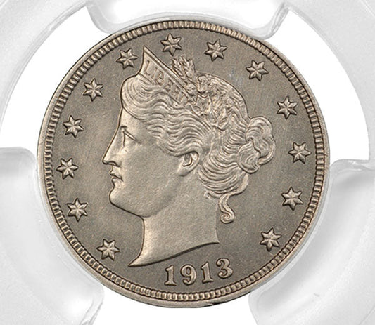1913 Liberty Head nickel coin featuring a profile of Liberty with a crown and stars surrounding her, encased in a protective holder.