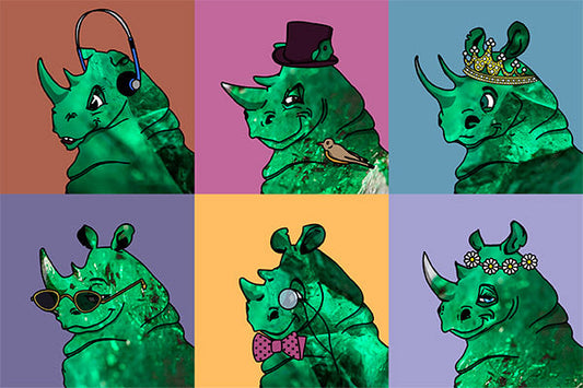 Colorful illustration of a rhino wearing various accessories like headphones, a bow tie, a crown, and sunglasses, with different backgrounds.
