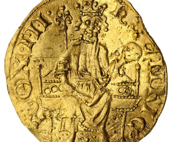 Close-up of a medieval gold coin featuring a crowned king seated on a throne, holding a scepter and orb. The intricate design and details are visible, reflecting its historical and numismatic value.