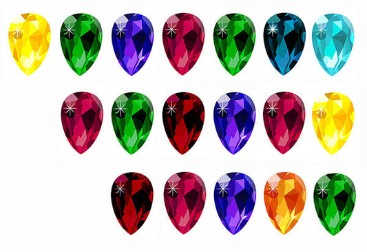 Collection of colorful gemstones arranged in rows, including yellow, green, purple, red, and blue pear-shaped stones with faceted cuts. Each gem is sparkling, showcasing their vivid colors and brilliance.