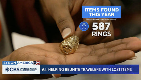 Close-up of a hand holding a lost ring, with a graphic displaying '587 RINGS' found this year, highlighting the use of AI technology to reunite travelers with their lost items at DFW International Airport.