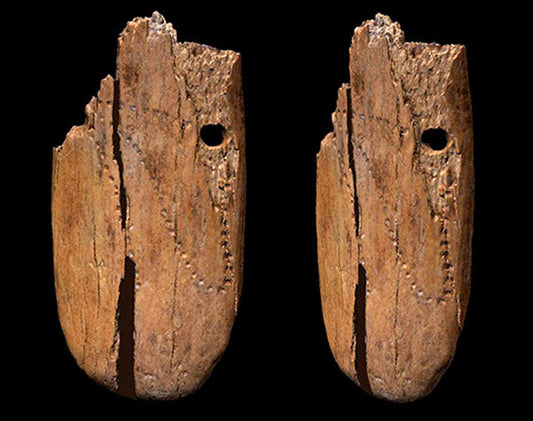 Ancient carved bone artifact with two symmetrical pieces showing perforations and markings, believed to be part of prehistoric craftsmanship or communication tools.