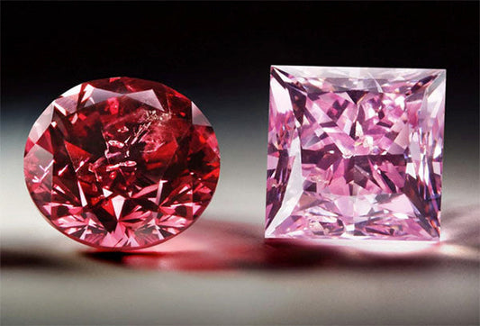 Two precious pink diamonds, one round and one square, with sparkling facets on a dark background, showcasing their brilliant cut and vibrant color.