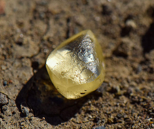 Close-up of a raw yellow diamond crystal resting on a rocky surface, showcasing its natural, uncut form and transparent features.
