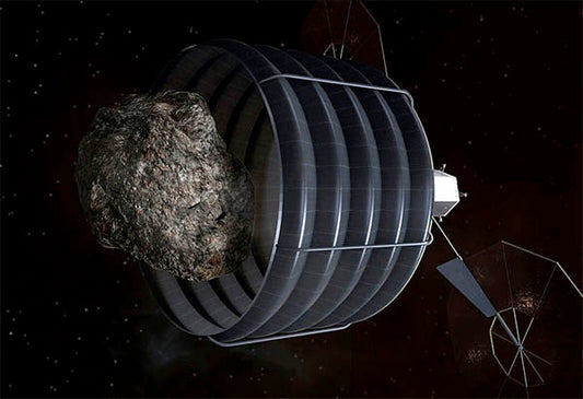 Illustration of a spacecraft equipped with a large net capturing an asteroid, set against a dark space background.