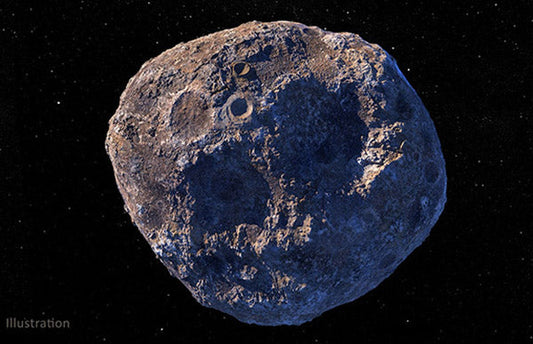 Illustration of an asteroid in space, showing craters and rocky texture, against a dark background filled with stars.