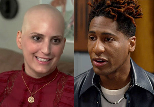Side-by-side image of a woman smiling with a bald head and a man with short, curly hair, both with distinct expressions, representing a transformation or emotional moment.