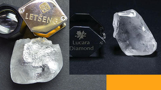 Two rough diamonds from Letseng and Lucara, displayed with magnifying tools, showcasing their raw form and natural clarity.