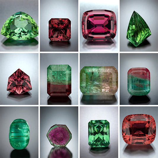 A collection of vibrant colored gemstones, including green and pink tourmaline, arranged in a grid pattern showcasing various cuts and shapes.
