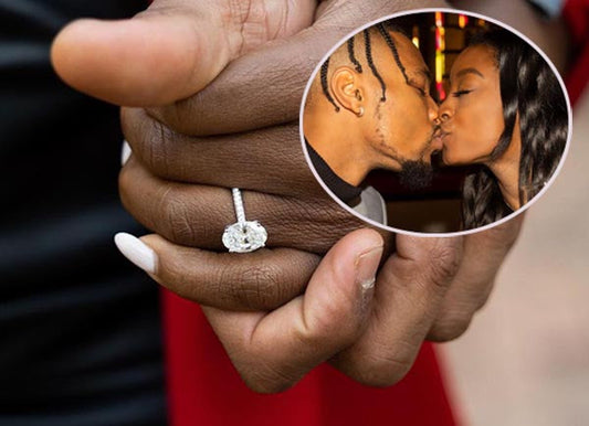 Close-up of an engagement ring on a woman's hand, with the couple holding hands and kissing in the background. The image includes a diamond ring on the woman's finger, with a circular inset showing the couple sharing a romantic kiss.
