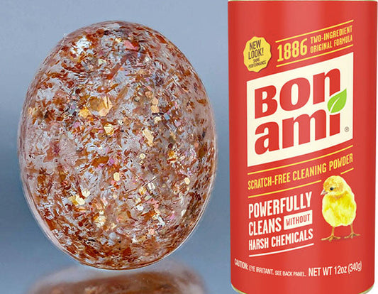 Bon Ami cleaning powder container next to a close-up of a crystal-like object, showcasing the scratch-free cleaning power of Bon Ami's two-ingredient formula.