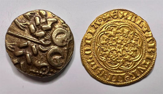 Ancient coins with intricate designs, including a gold coin and a silver coin, showcasing historical numismatic artifacts.