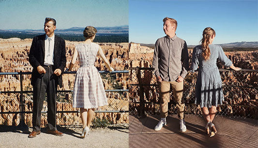 Side-by-side comparison of a couple standing at Bryce Canyon National Park, one photo taken in the past with vintage clothing and the other in modern attire, showcasing the same view.