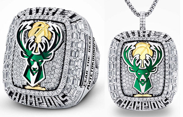 Milwaukee Bucks 2021 NBA Championship ring and pendant featuring a green and gold deer logo with diamond details and engraved text.