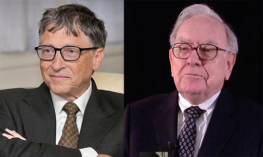 Portraits of Bill Gates and Warren Buffett, both wearing glasses and formal attire, with Bill Gates looking relaxed and Warren Buffett in a serious expression.