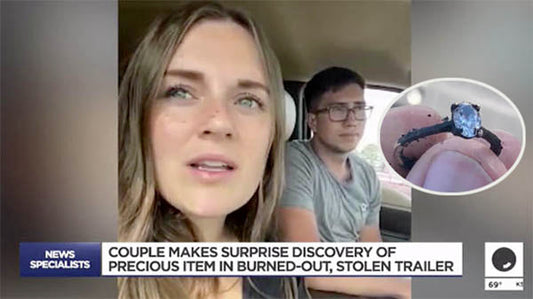 Couple discusses their surprise discovery of a precious item found in a burned-out stolen trailer, with a close-up of a blue sapphire ring featured in the news report.