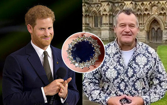 Prince Harry smiling on stage at an event, with a close-up of a sapphire ring in the center and a man speaking in front of a historic building in the background.
