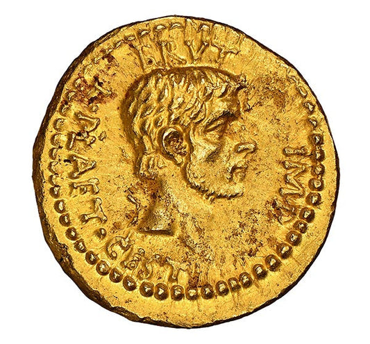 Close-up of an ancient gold Roman coin featuring the profile of a Roman emperor, with detailed engraving of the face and inscription around the edge. The coin's historical design is visible against a clean white background.
