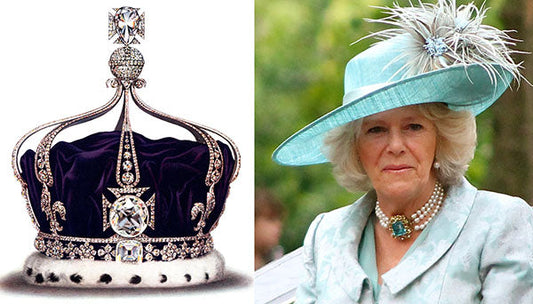 A diamond-encrusted crown next to a woman wearing a light blue outfit, hat, and pearl necklace, possibly Camilla, Queen Consort.