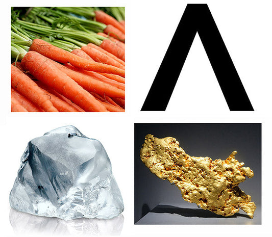 Carrots, ice crystal, gold nugget, and a black triangle symbol.