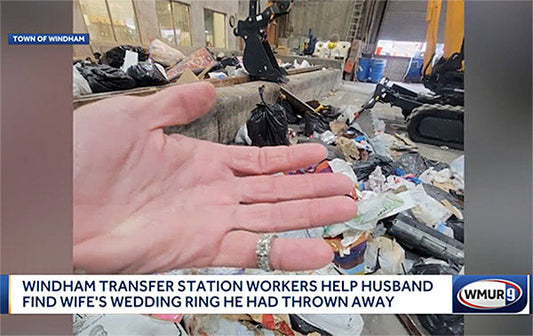 A hand with a wedding ring shown amidst a pile of garbage at a transfer station, with a news headline about workers helping a husband recover his wife's wedding ring.
